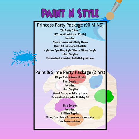 Custom Paint N Style Kids Party Package Options